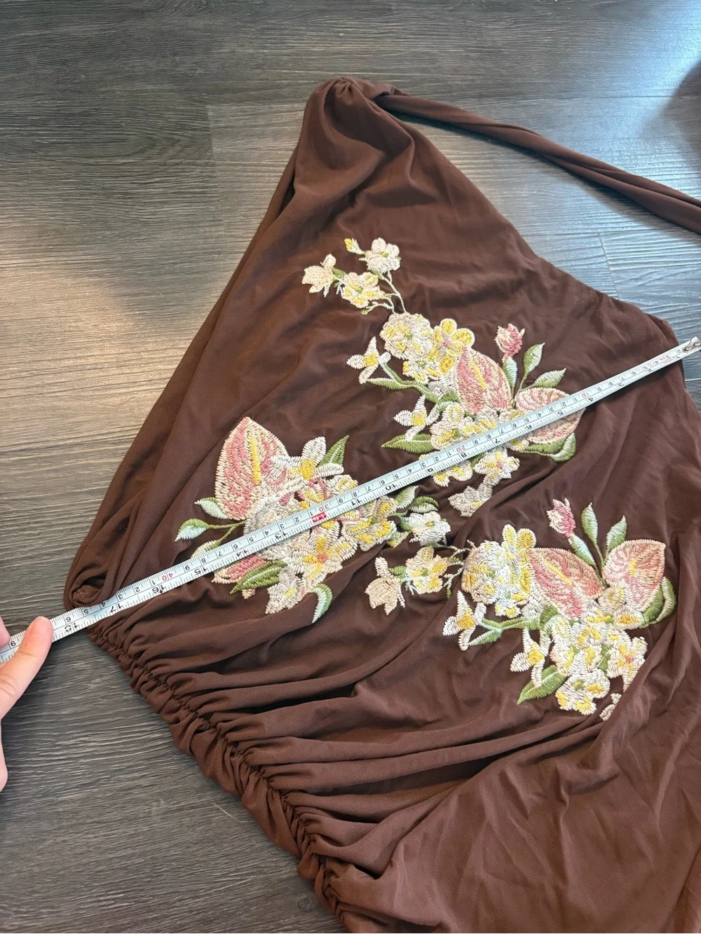 Anthropologie SAEMDI chocolate brown embroidered floral w neck scarf maxi large - Picture 16 of 16